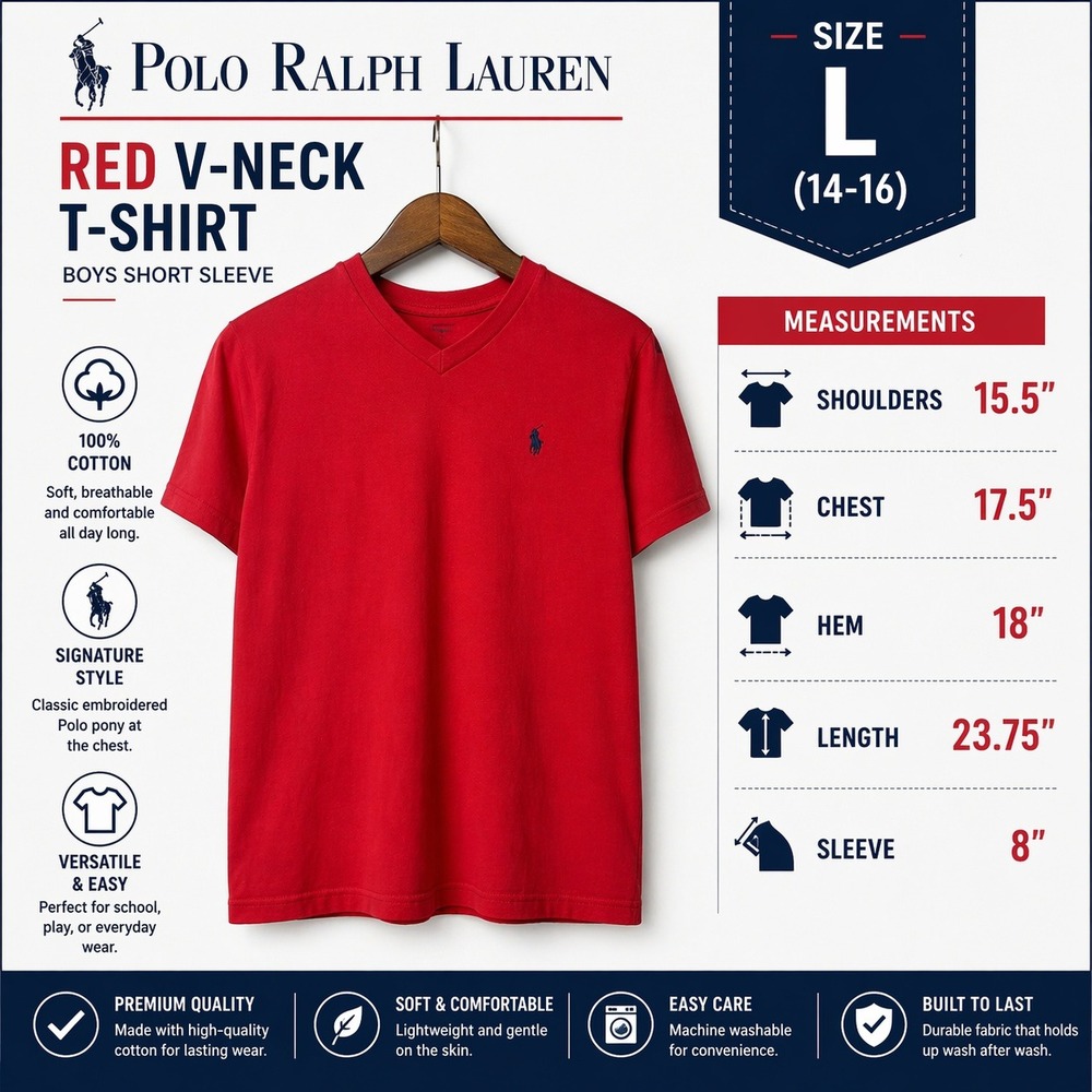 Polo Ralph Lauren‎ Boys Red V-Neck Short Sleeve T-Shirt Size L 14-16